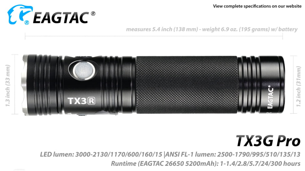 EAGTAC TX3G Pro Flashlight, XHP70.2 CW LED, 2000lm, Black, TX3G-XHP702-PRO-CW