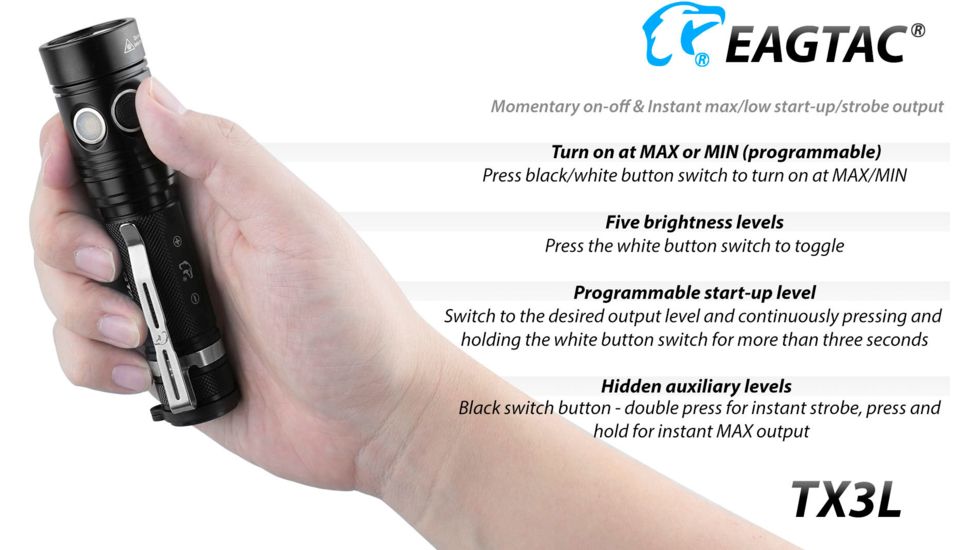 EAGTAC TX3L BASE XJP35 HI CW, 2100 Lumen, USB Rechargeable, 18650 Led Flashlight, Black, Medium 4237