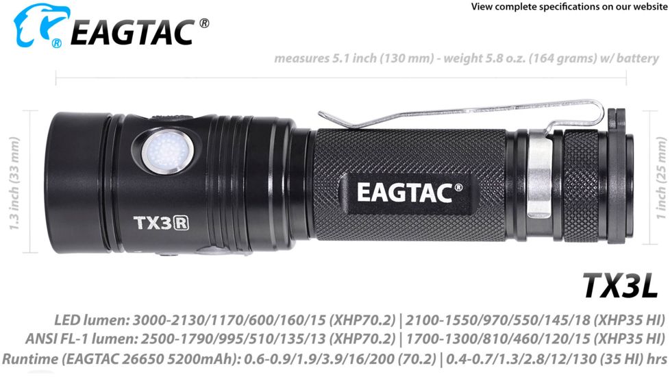 EAGTAC TX3L BASE XJP35 HI CW, 2100 Lumen, USB Rechargeable, 18650 Led Flashlight, Black, Medium 4237