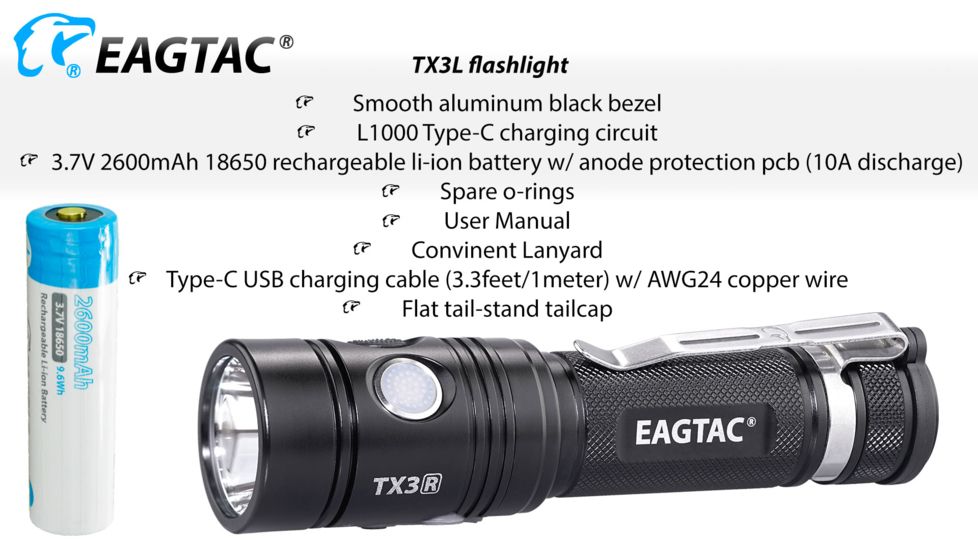 EAGTAC TX3L BASE XJP35 HI CW, 2100 Lumen, USB Rechargeable, 18650 Led Flashlight, Black, Medium 4237
