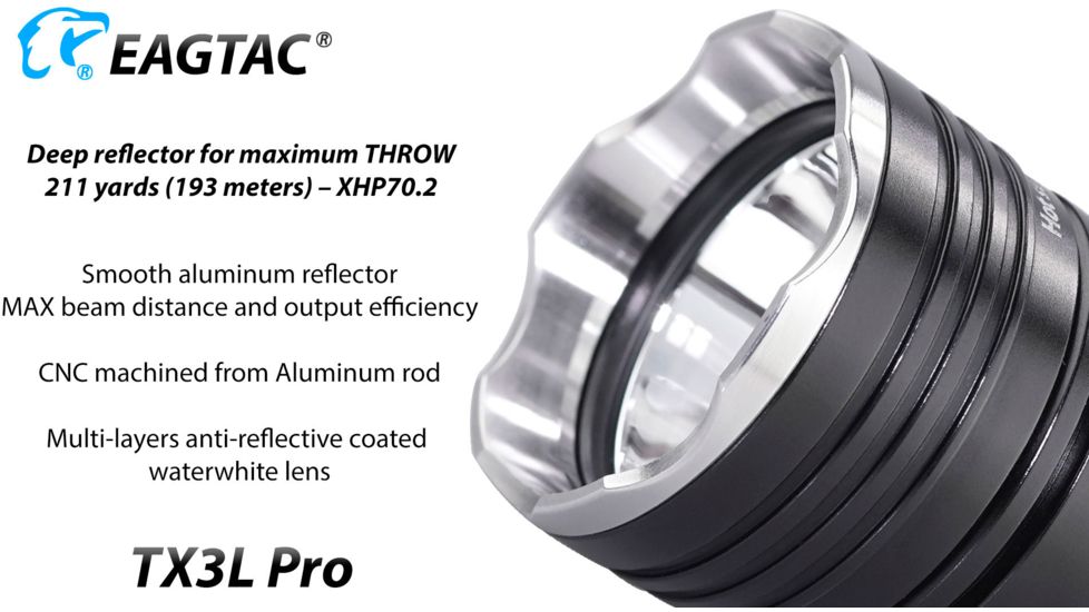EAGTAC TX3L PRO XJP70.2 CW, 3000 Lumen, USB Rechargeable, 18650 Led Flashlight, Black, Medium 4235