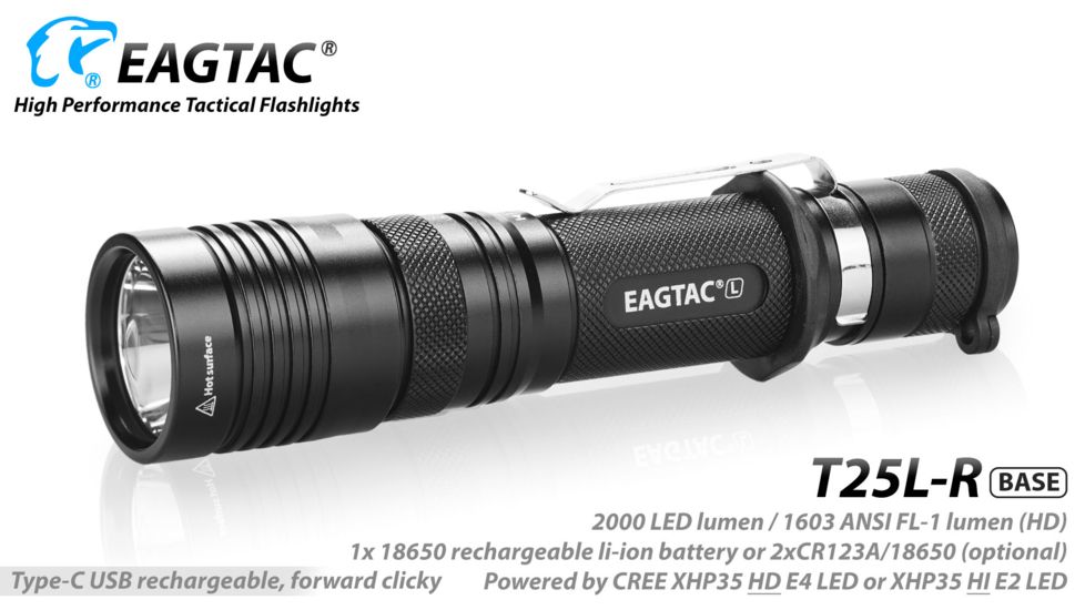 Eagtac USB Rechargeable T25LR XHP35 HD 2000 Lumen Tactical Flashlight Base, Black, Medium, 2916