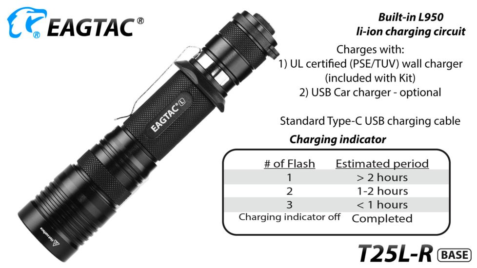 Eagtac USB Rechargeable T25LR XHP35 HD 2000 Lumen Tactical Flashlight Base, Black, Medium, 2916