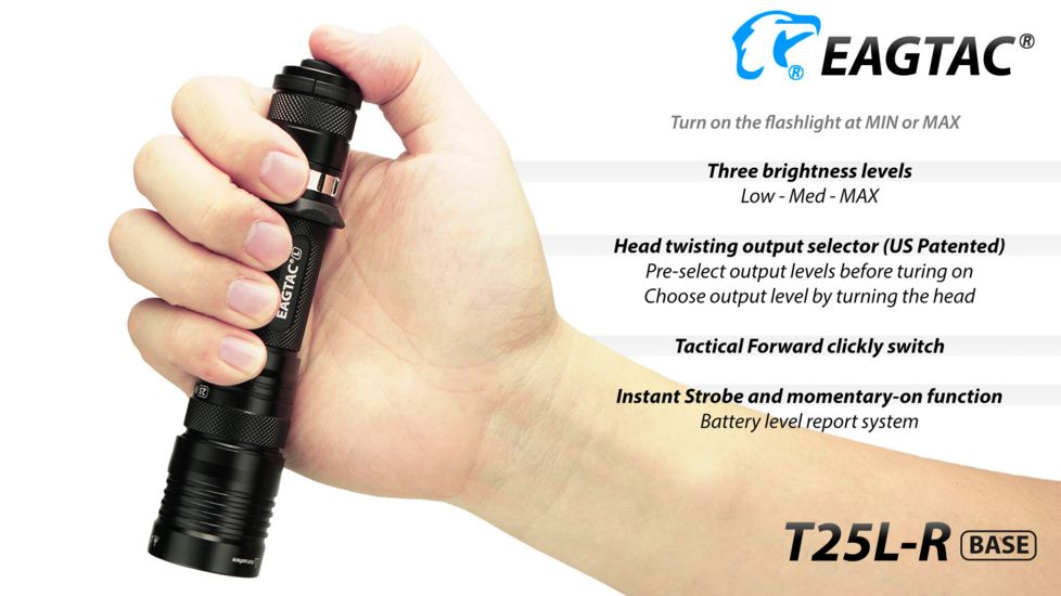 Eagtac USB Rechargeable T25LR XHP35 HD 2000 Lumen Tactical Flashlight Base, Black, Medium, 2916