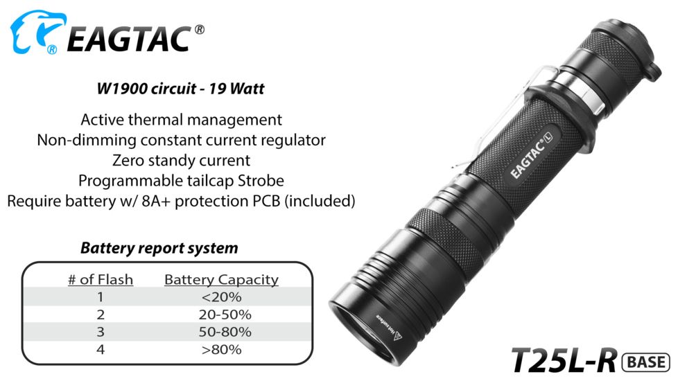 Eagtac USB Rechargeable T25LR XHP35 HD 2000 Lumen Tactical Flashlight Base, Black, Medium, 2916