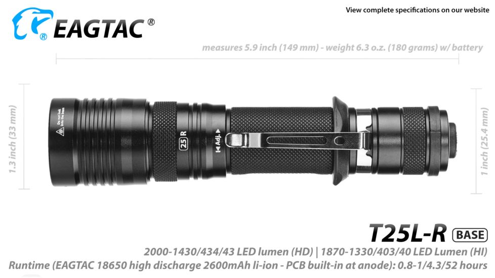 Eagtac USB Rechargeable T25LR XHP35 HD 2000 Lumen Tactical Flashlight Base, Black, Medium, 2916