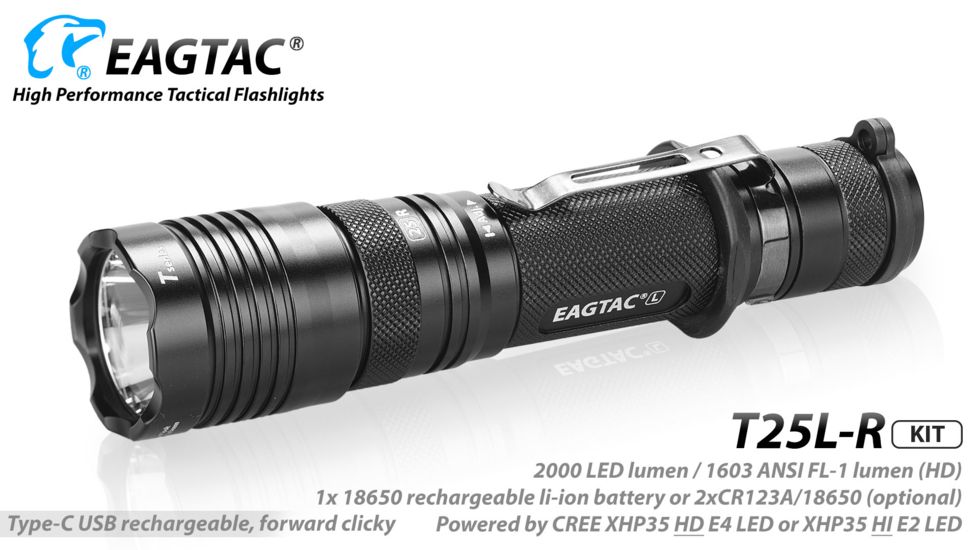 Eagtac USB Rechargeable T25LR XHP35 HD 2000 Lumen Tactical Flashlight KIT, Black, Medium, 2917