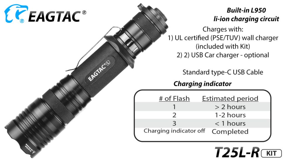 Eagtac USB Rechargeable T25LR XHP35 HD 2000 Lumen Tactical Flashlight KIT, Black, Medium, 2917