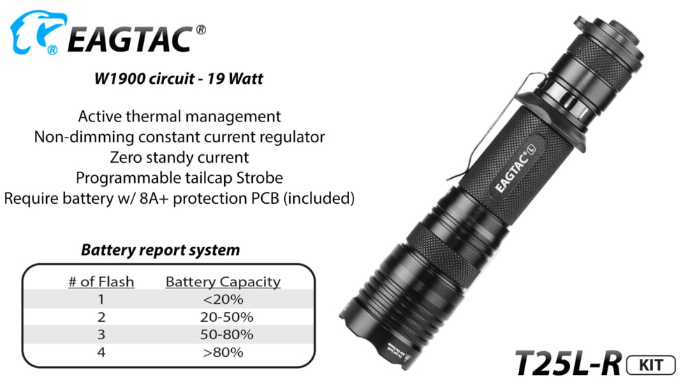 Eagtac USB Rechargeable T25LR XHP35 HD 2000 Lumen Tactical Flashlight KIT, Black, Medium, 2917