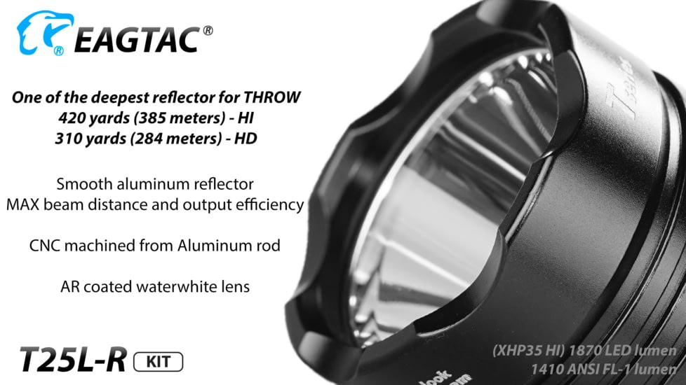 Eagtac USB Rechargeable T25LR XHP35 HD 2000 Lumen Tactical Flashlight KIT, Black, Medium, 2917