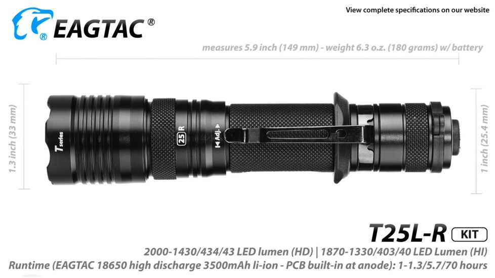 Eagtac USB Rechargeable T25LR XHP35 HD 2000 Lumen Tactical Flashlight KIT, Black, Medium, 2917