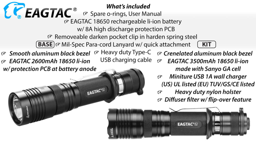 Eagtac USB Rechargeable T25LR XHP35 HD 2000 Lumen Tactical Flashlight KIT, Black, Medium, 2917