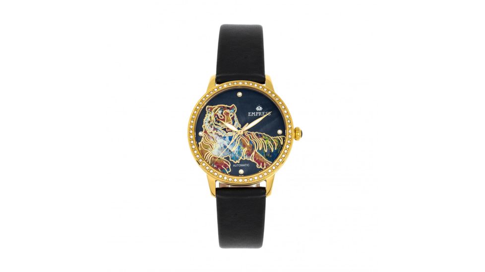 Empress Diana Automatic Engraved MOP Leather-Band Watch, Black, One Size, EMPEM3003