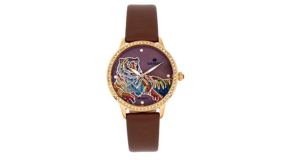 Empress Diana Automatic Engraved MOP Leather-Band Watch, Brown, One Size, EMPEM3005