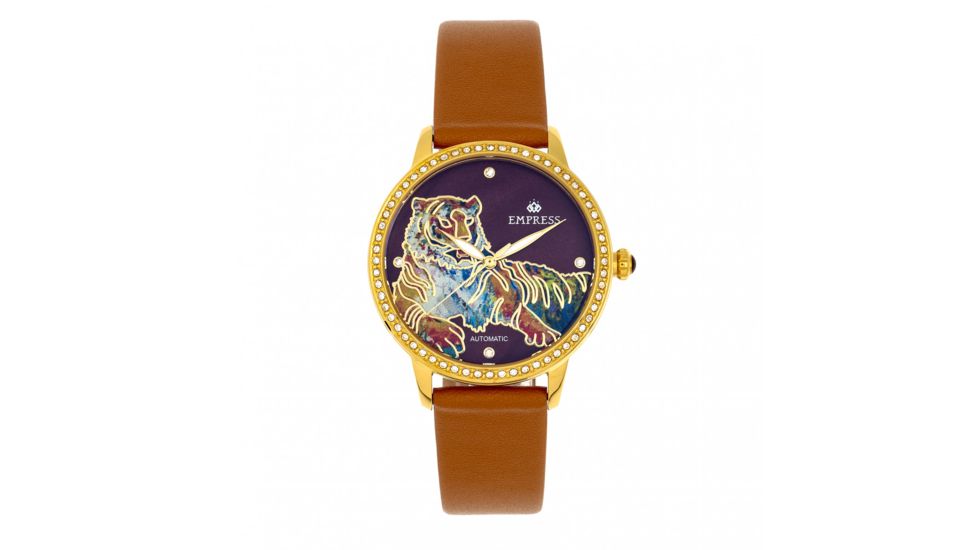 Empress Diana Automatic Engraved MOP Leather-Band Watch, Camel, One Size, EMPEM3004