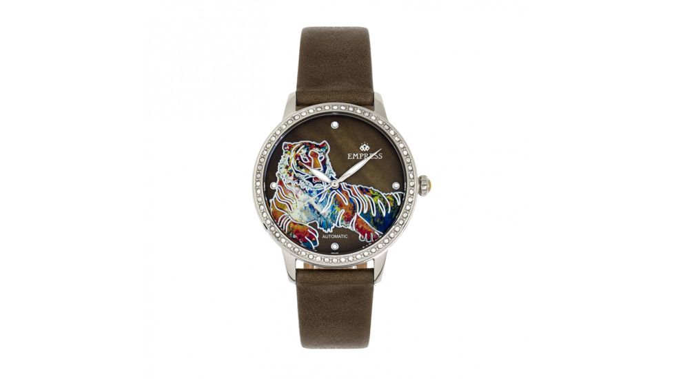 Empress Diana Automatic Engraved MOP Leather-Band Watch, Olive, One Size, EMPEM3001