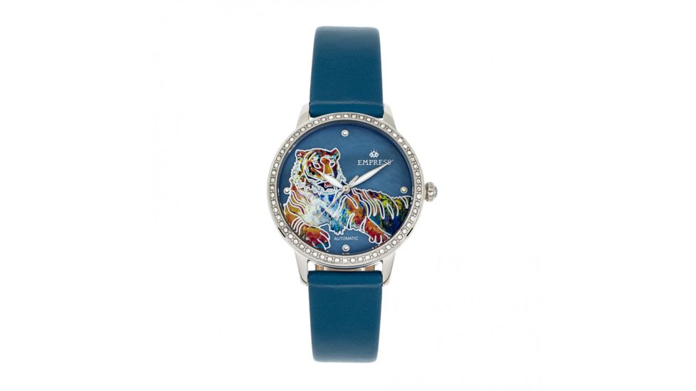 Empress Diana Automatic Engraved MOP Leather-Band Watch, Teal, One Size, EMPEM3002