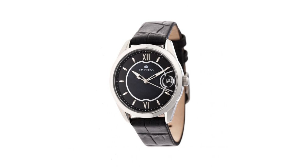 Empress Messalina MOP Leather-Band Watch w/Date, Black, EMPEM2401