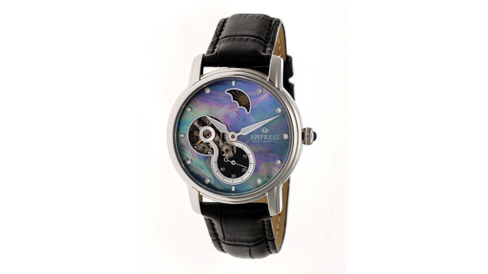 Empress Theodora Automatic Mother-of-Pearl Semi-Skeleton Leather-Band Watch, Silver/Black/Black, Standard EMPEM1205
