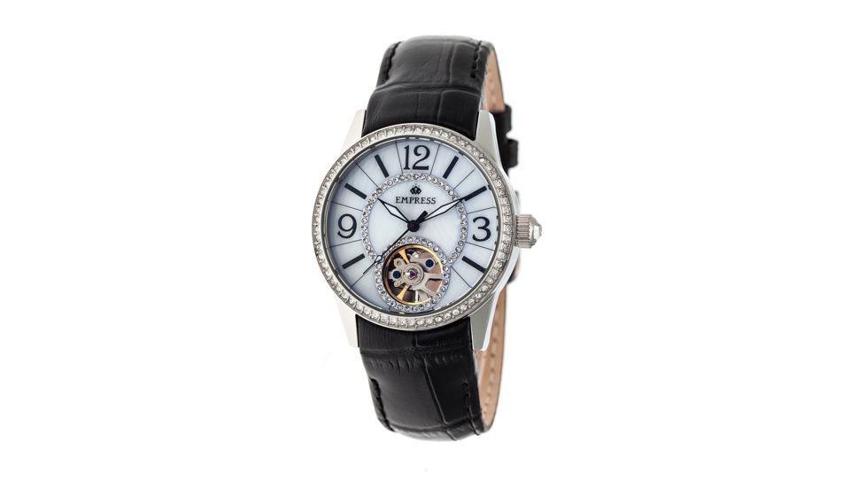 Empress Valois Automatic Mother-Of-Pearl Semi-Skeleton Dial Leather-Band Watch, Silver/White, Standard EMPEM1301