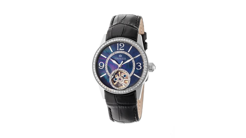Empress Valois Automatic Mother-Of-Pearl Semi-Skeleton Dial Leather-Band Watch, Silver/Black, Standard EMPEM1302