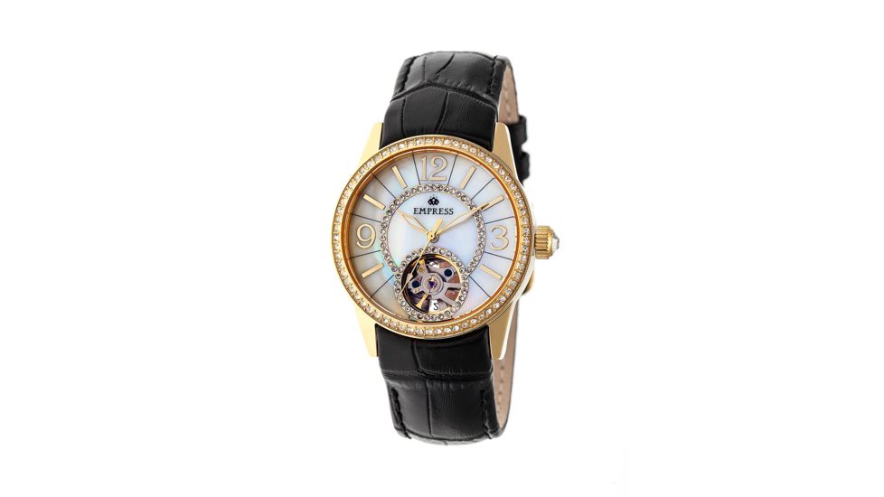 Empress Valois Automatic Mother-Of-Pearl Semi-Skeleton Dial Leather-Band Watch, Gold/White, Standard EMPEM1303