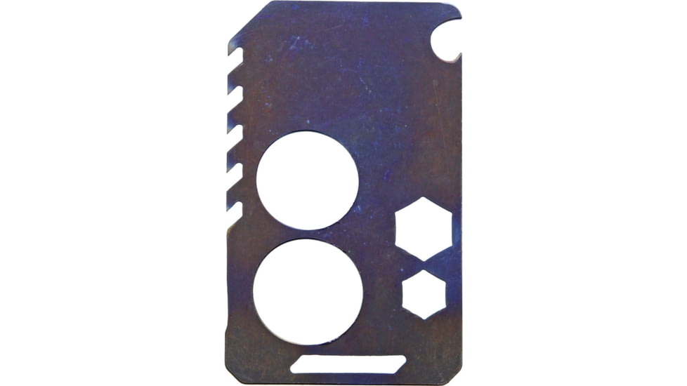 EOS Knife Card Ti Flame, 3.5in X 2.13in, Titanium Construction, Tools Include, Bottle Opener L Lanyard Loop, Flame Anodized Finish, Two Semi-Sharp Edges, Plain And Serrated, Wrench 1/4, 3/8, 1/2, CARDTIFLAME