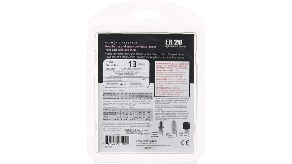 Etymotic Research ER20XS High-Fidelity Earplugs, Clear/Frost, Standard, Large, ER20XS-UF-C