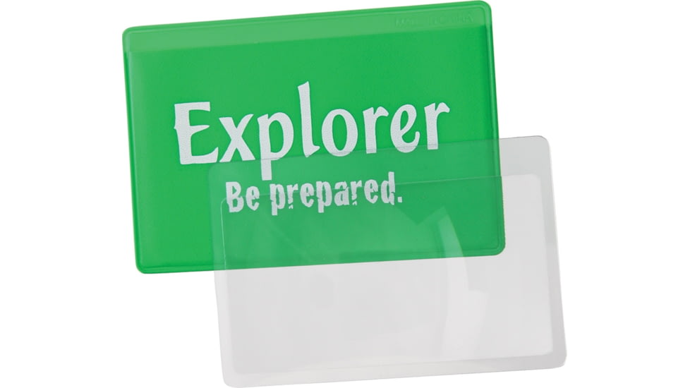 Explorer Credit Card Magnifier Lens, Clear Plastic Construction, Measures 2 1/8in X 3 5/16in, Green Plastic Slip Pouch With Explorer Logo, G0140W