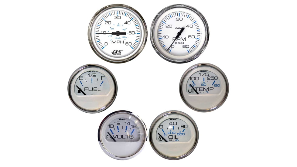 Faria Beede Instruments Chesapeake White w/Stainless Steel Bezel Boxed Set of 6 - Speed, Tach, Fuel Level, Voltmeter, Water Temperature &amp; Oil PSI 74673