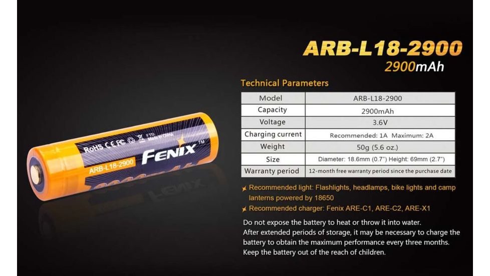 Fenix 18650 3.6V 2900mAh Protected Lithium Ion Li-ion Rechargeable Button-Top Battery, Orange/Black FENIX-ARB-L18-2900