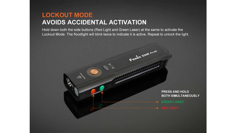 Fenix E06R PRO RG, Flashlight, White/Red LED with Green Laser, 1600 Lumens, 4.84 Long, Anodized Finish, Black, Built-in Rechargeable 1650mAh Battery, Includes USB Type-C Charging Cable