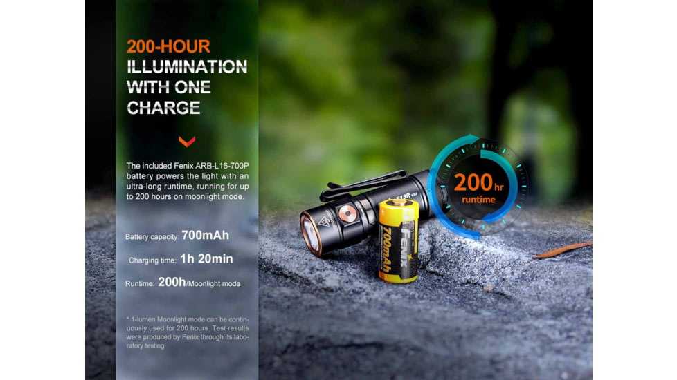 Fenix E18R V2, Flashlight, White LED, 1,200 Lumens, 2.64 Long, Anodized Finish, Black, Includes Rechargeable 16340 and USB Type-C Charging Cable
