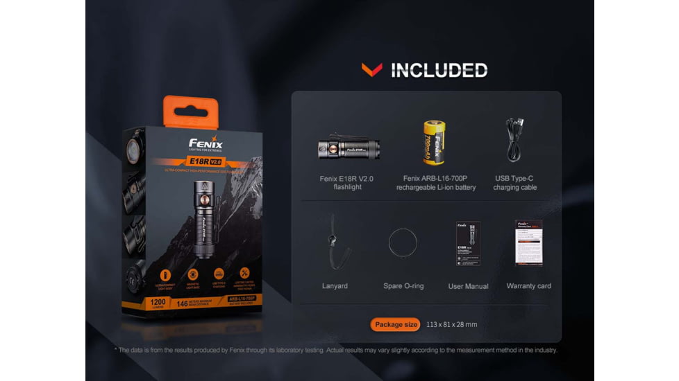 Fenix E18R V2, Flashlight, White LED, 1,200 Lumens, 2.64 Long, Anodized Finish, Black, Includes Rechargeable 16340 and USB Type-C Charging Cable
