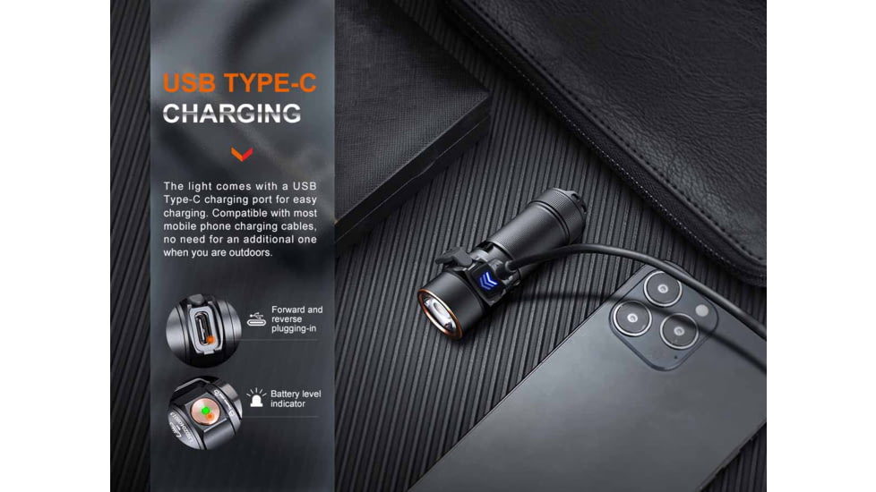 Fenix E18R V2, Flashlight, White LED, 1,200 Lumens, 2.64 Long, Anodized Finish, Black, Includes Rechargeable 16340 and USB Type-C Charging Cable