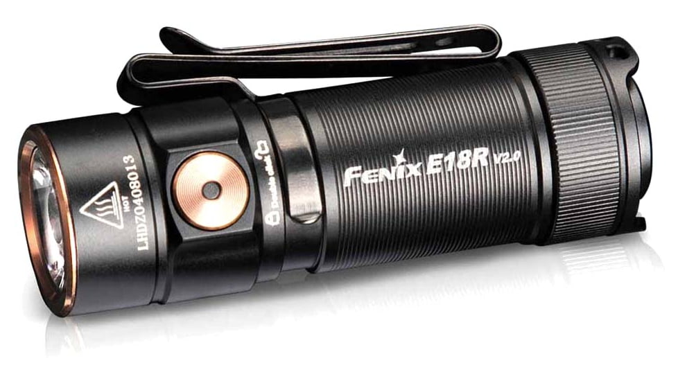 Fenix E18R V2, Flashlight, White LED, 1,200 Lumens, 2.64 Long, Anodized Finish, Black, Includes Rechargeable 16340 and USB Type-C Charging Cable