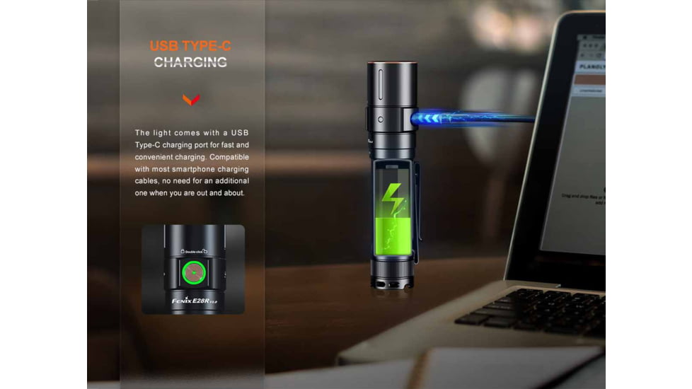 Fenix E28R V2, Flashlight, White LED, 1,700 Lumens, 4.76 Long, Anodized Finish, Black, Includes Rechargeable 18650 and USB Type-C Charging Cable