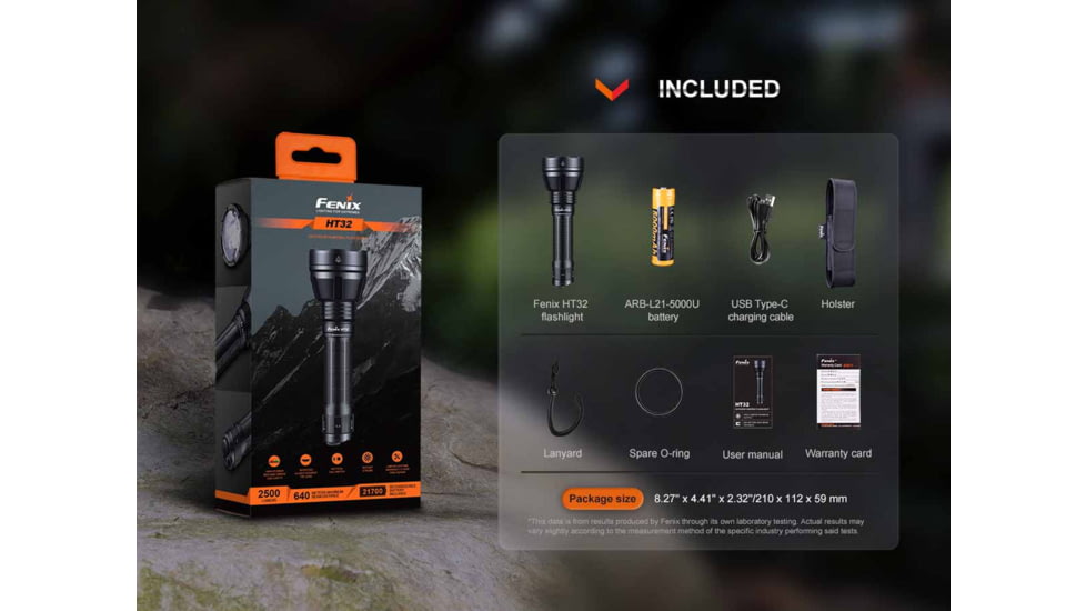 Fenix HT32, Flashlight, White/Red/Green LED, 2,500 Lumens, 6.3 Long, Anodized Finish, Black, Includes Rechargeable 21700 Battery and USB Type-C Charging Cable