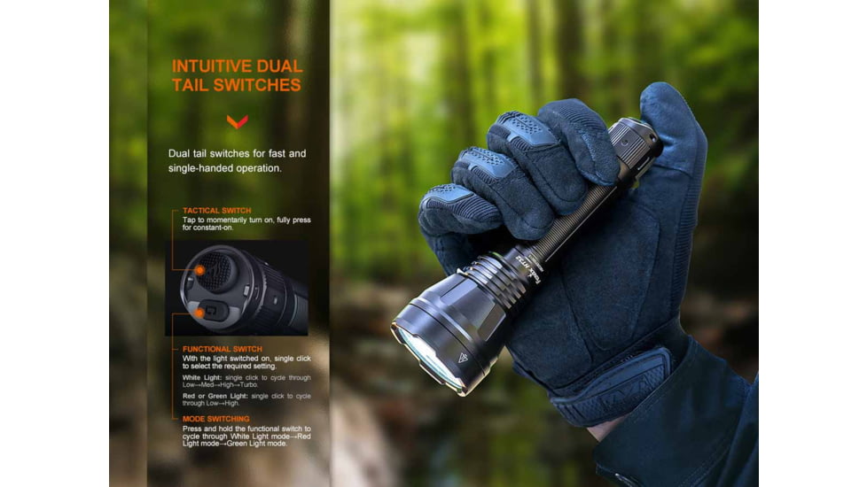 Fenix HT32, Flashlight, White/Red/Green LED, 2,500 Lumens, 6.3 Long, Anodized Finish, Black, Includes Rechargeable 21700 Battery and USB Type-C Charging Cable