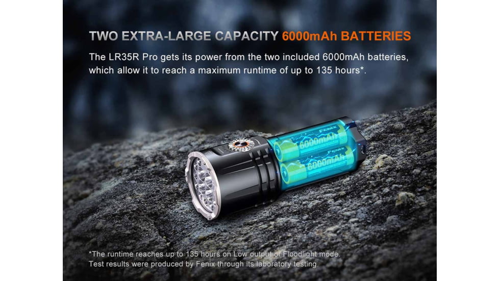 Fenix LR35R PRO, Flashlight, White/Red/UV LED, 10,000 Lumens, Anodized Finish, Black, Includes 2-Rechargeable ARB-L21-6000 Batteries and USB Type-C Charging Cable