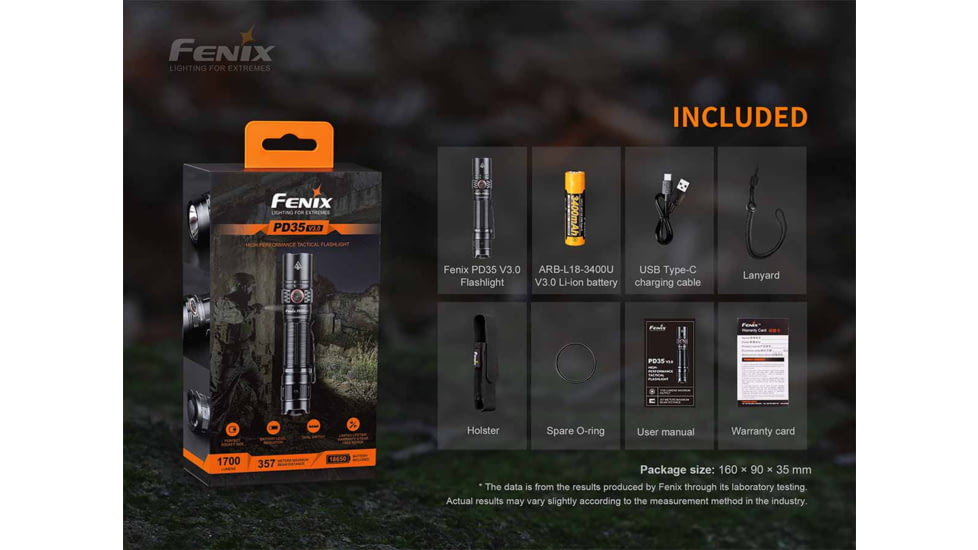 Fenix PD35 V3, Flashlight, White LED, 1,700 Lumens, Anodized Finish, Black, Includes Rechargeable 18650 Battery and USB Type-C Charging Cable