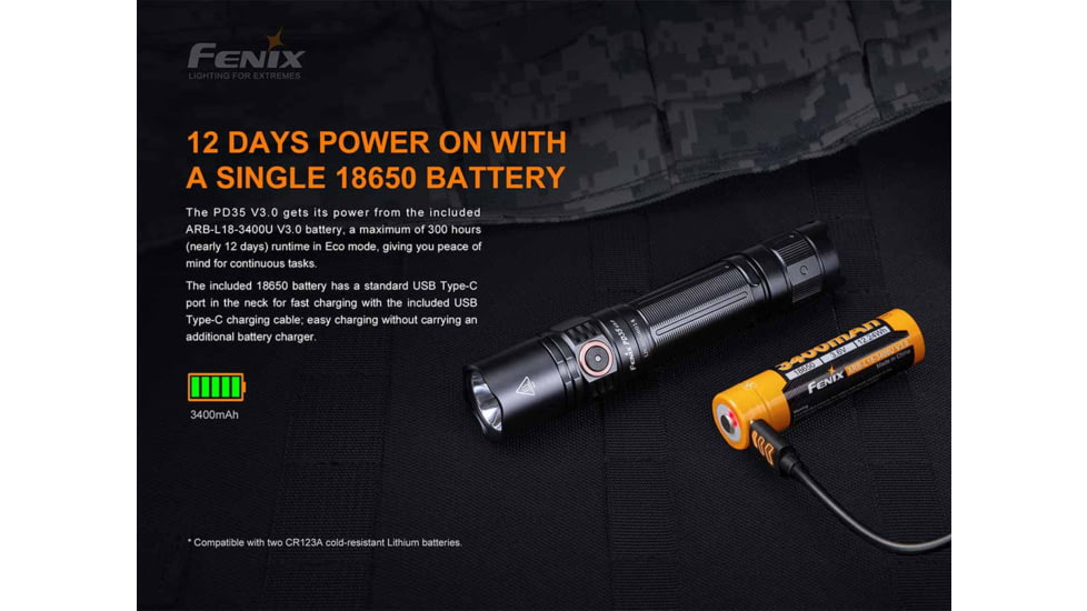 Fenix PD35 V3, Flashlight, White LED, 1,700 Lumens, Anodized Finish, Black, Includes Rechargeable 18650 Battery and USB Type-C Charging Cable