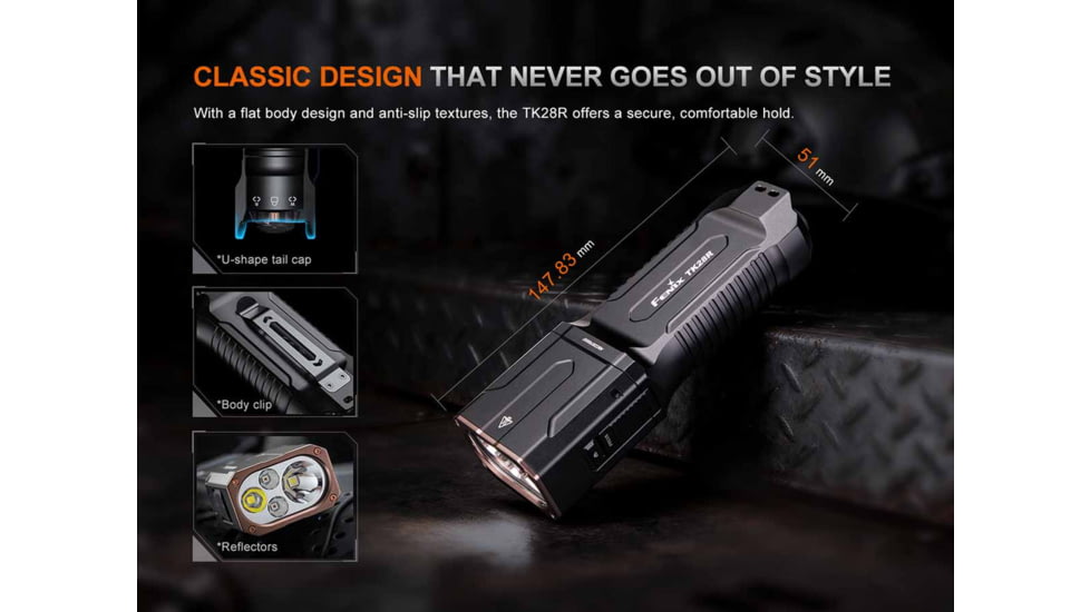 Fenix TK28R, Flashlight, White/Red LED, 6,500 Lumens, Anodized Finish, Black, Includes 2-Rechargeable 18650 Batteries and USB Type-C Charging Cable
