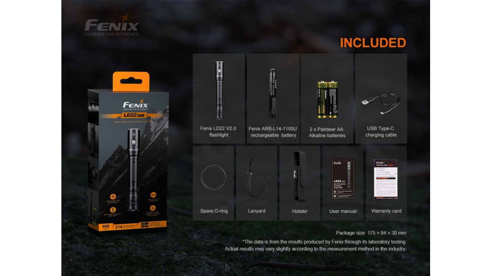 Fenix LD22 V2.0 LED Flashlight, AA, Luminus LED, White, 800 Lumens, LD22V2BK