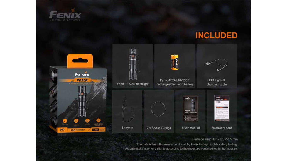 Fenix PD25R Rechargeable EDC Flashlight, USB Type-C, Luminus SST20 LED, White, 800 Lumens, PD25RSTBK