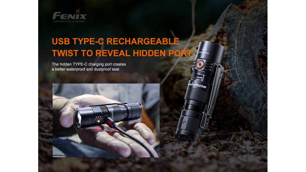 Fenix PD25R Rechargeable EDC Flashlight, USB Type-C, Luminus SST20 LED, White, 800 Lumens, PD25RSTBK