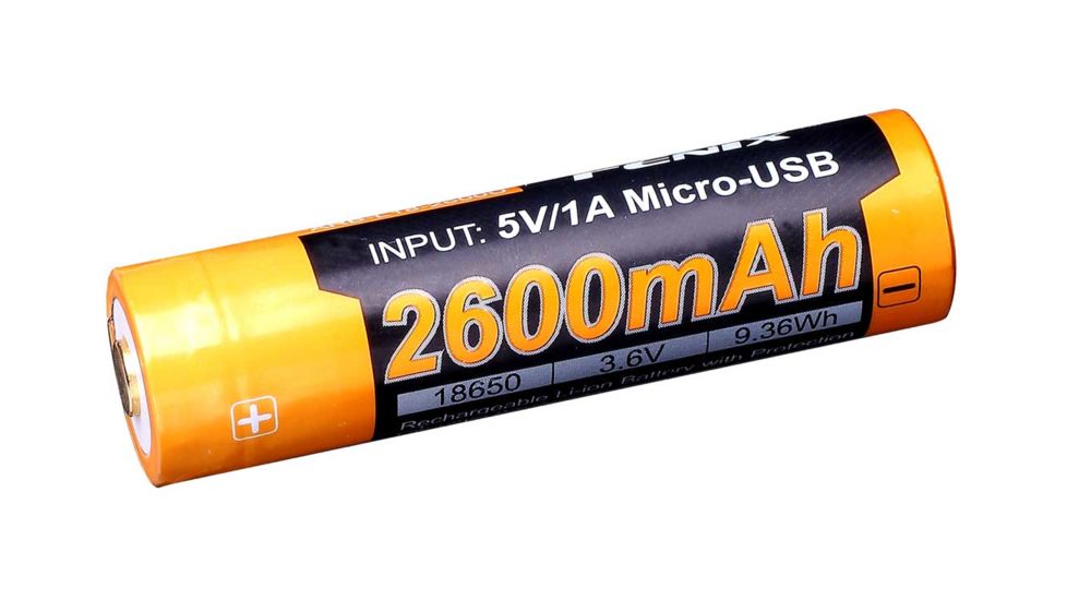 Fenix Rechargeable Li-ion 18650 3.6 Volt Battery w/Built in USB port, 2600mAh, Orange/Black ARB-L18-2600U