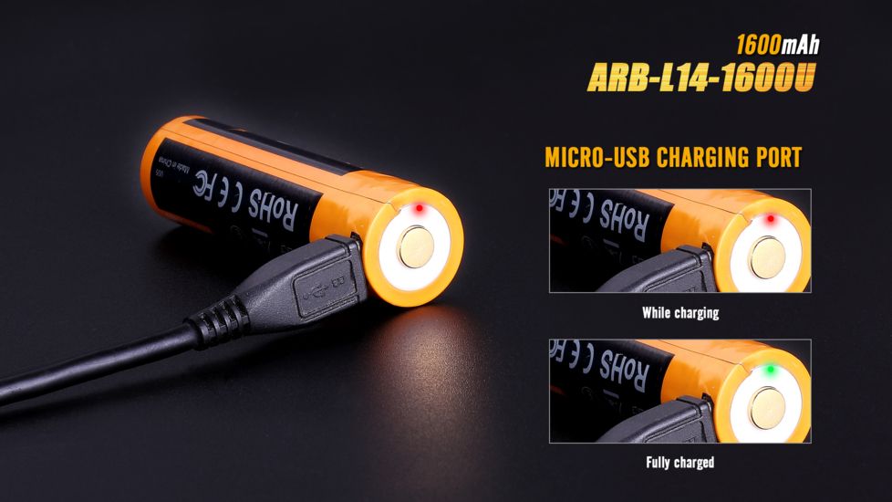 Fenix Rechargeable Li-ion AA 1.5 Volt Battery w/Built in USB port, 1600mAh, Orange/Black ARB-L14-1600U
