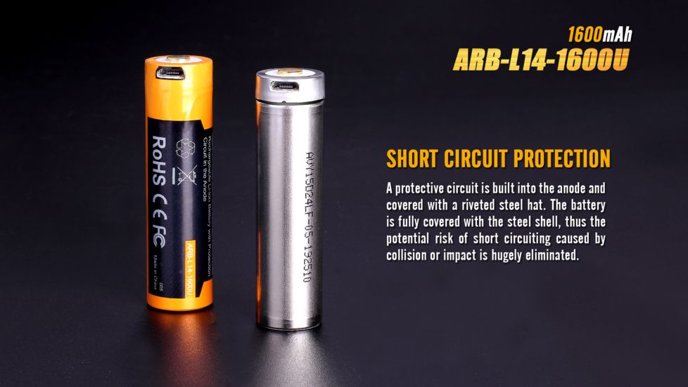 Fenix Rechargeable Li-ion AA 1.5 Volt Battery w/Built in USB port, 1600mAh, Orange/Black ARB-L14-1600U