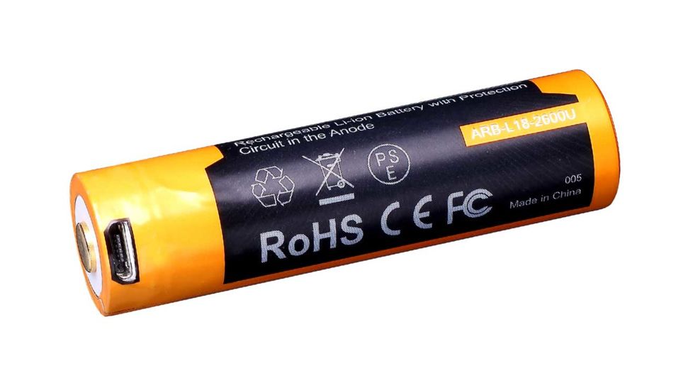 Fenix Rechargeable Li-ion 18650 3.6 Volt Battery w/Built in USB port, 2600mAh, Orange/Black ARB-L18-2600U